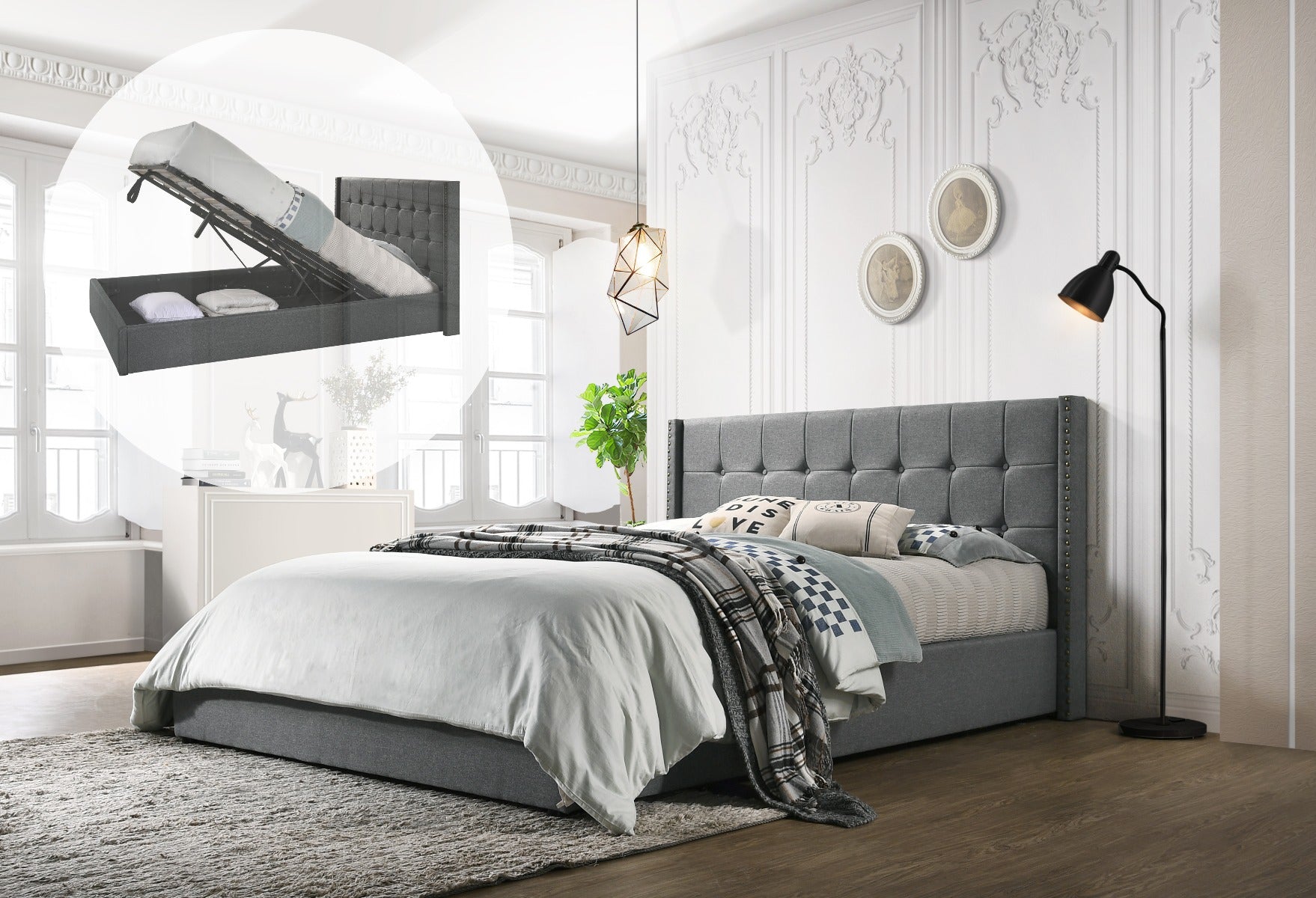 Double Sized Winged Fabric Bed Frame with Gas Lift Storage in Light Grey