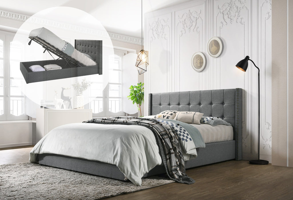 Queen Sized Winged Fabric Bed Frame with Gas Lift Storage in Light Grey