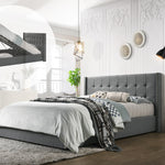 King Sized Winged Fabric Bed Frame with Gas Lift Storage in Light Grey