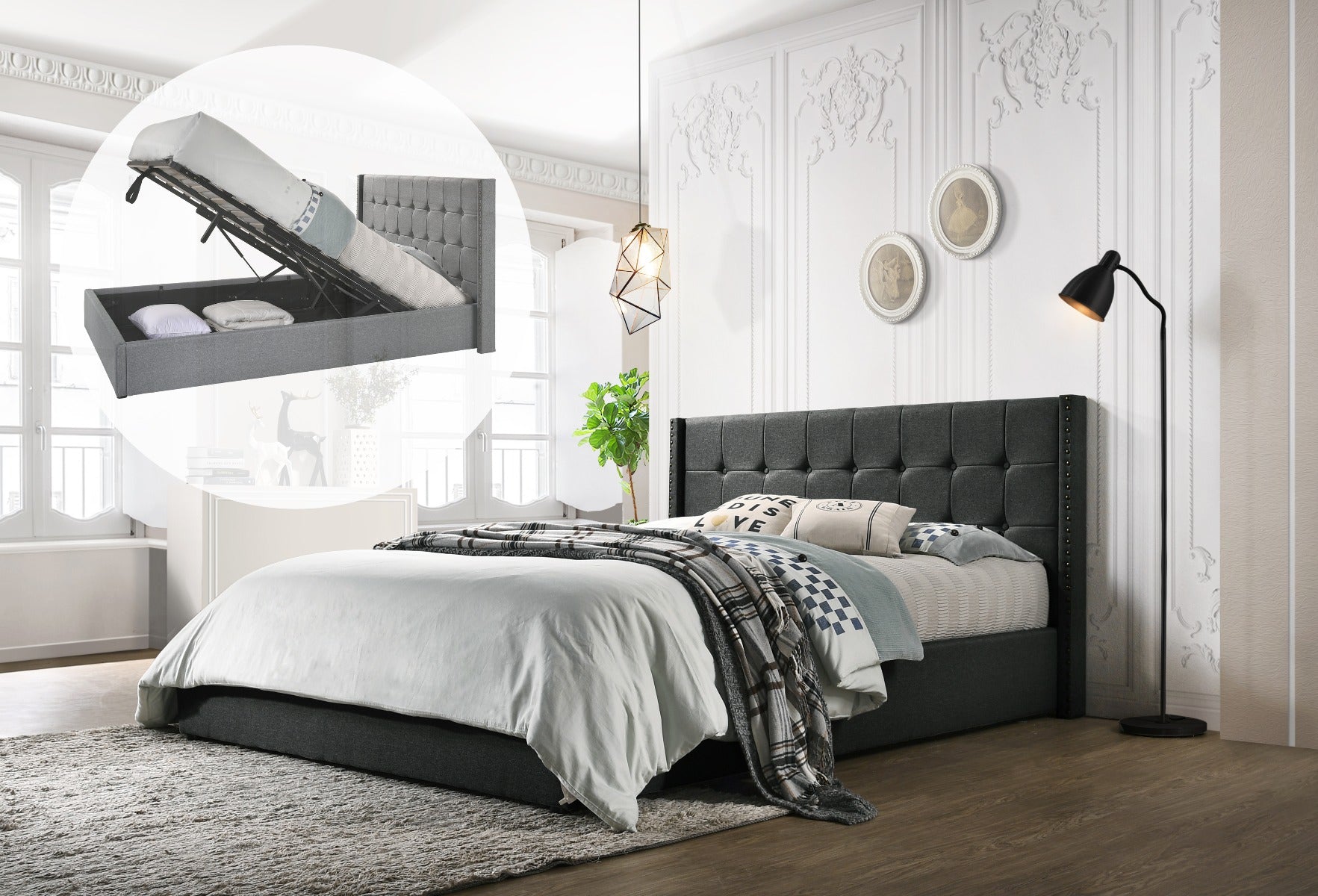 Double Sized Winged Fabric Bed Frame with Gas Lift Storage in Charcoal