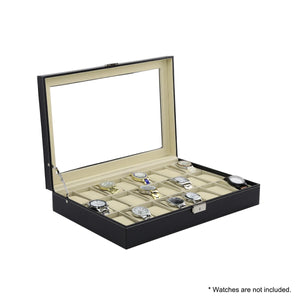 Watch Box - 24 Slot Luxury Display Case With Framed Glass Lid