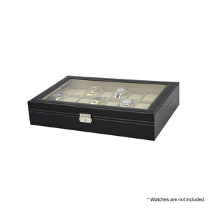 Watch Box - 24 Slot Luxury Display Case With Framed Glass Lid