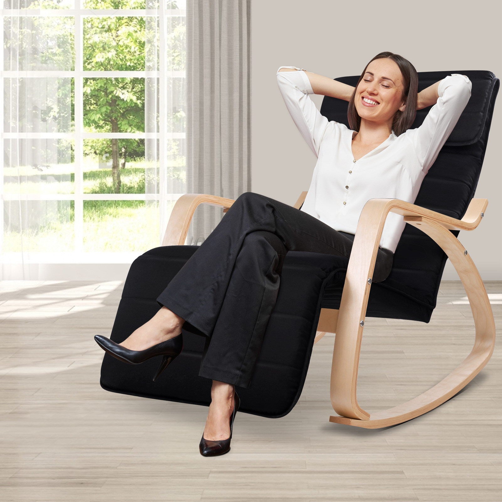 Artiss Fabric Rocking Armchair with Adjustable Footrest - Black