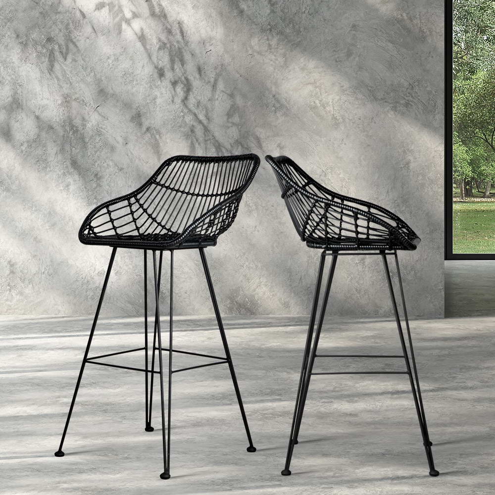 Artiss Set of 2 PE Wicker Bar Stools - Black