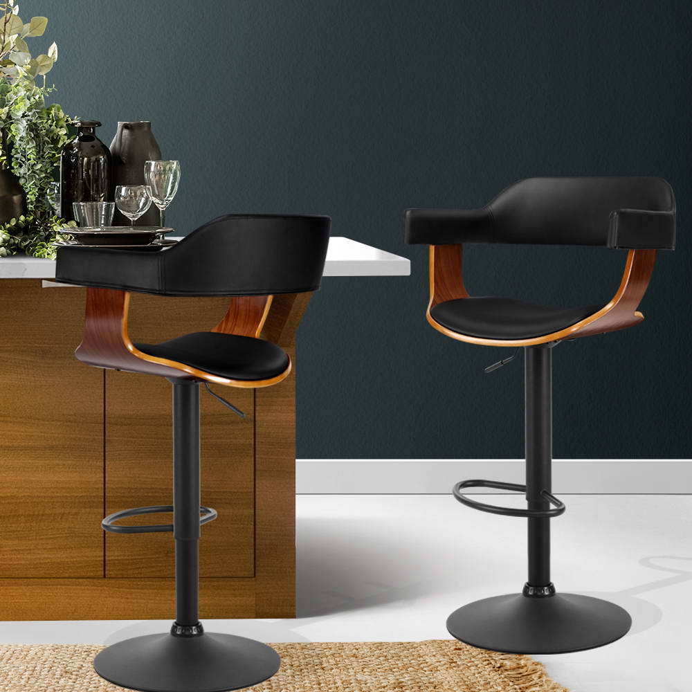 Artiss 1 x Wooden Bar Stools Kitchen Swivel Gas Lift Bar Stool Chairs Leather Black