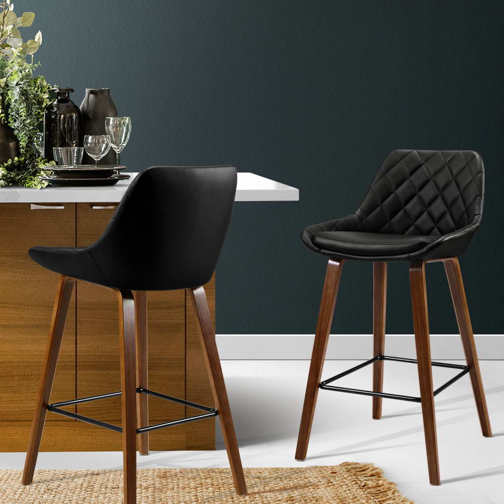 Artiss 2x Kitchen Bar Stools Wooden Stool Chairs Bentwood Barstool Leather Black