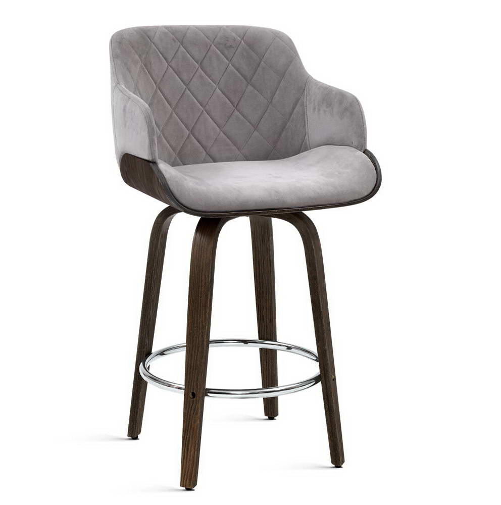 Artiss 1x Kitchen Bar Stools Wooden Bar Stool Chairs Swivel Velvet Fabric Grey