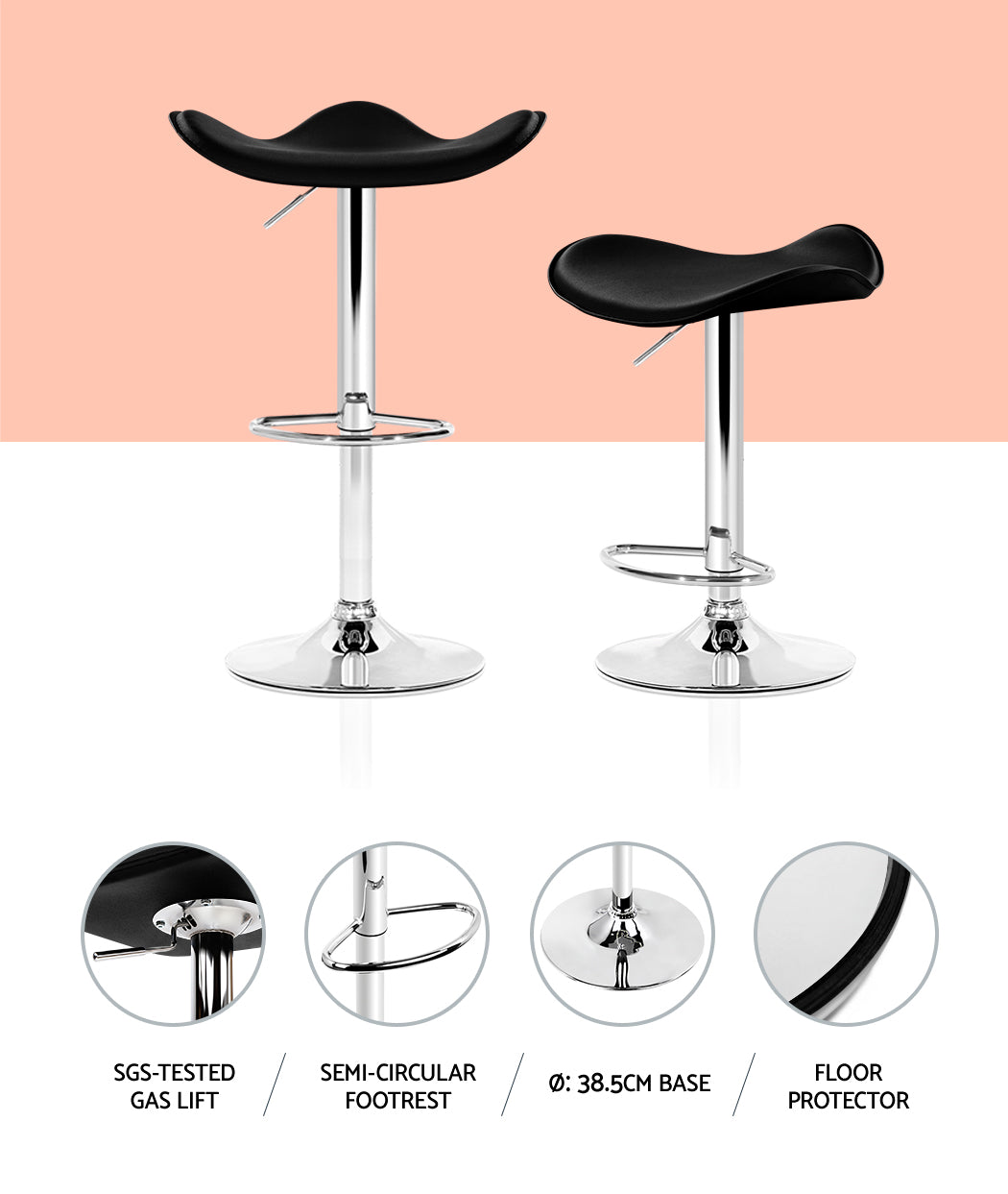 Artiss 2x Gas Lift Bar Stools Swivel Chairs Leather Chrome Black