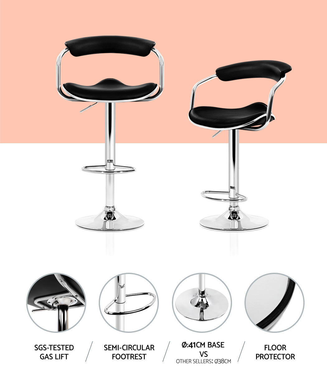 Artiss 2x Leather Bar Stools ADE Kitchen Chairs Swivel Bar Stool Black Gas Lift