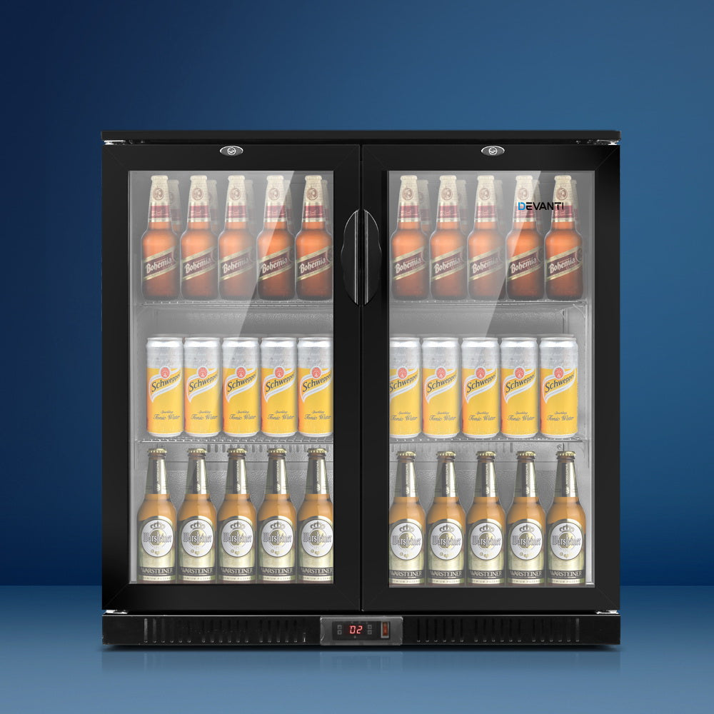 Devanti Bar Fridge 2 Glass Door Commercial Display Freeer Drink Beverage Cooler Black