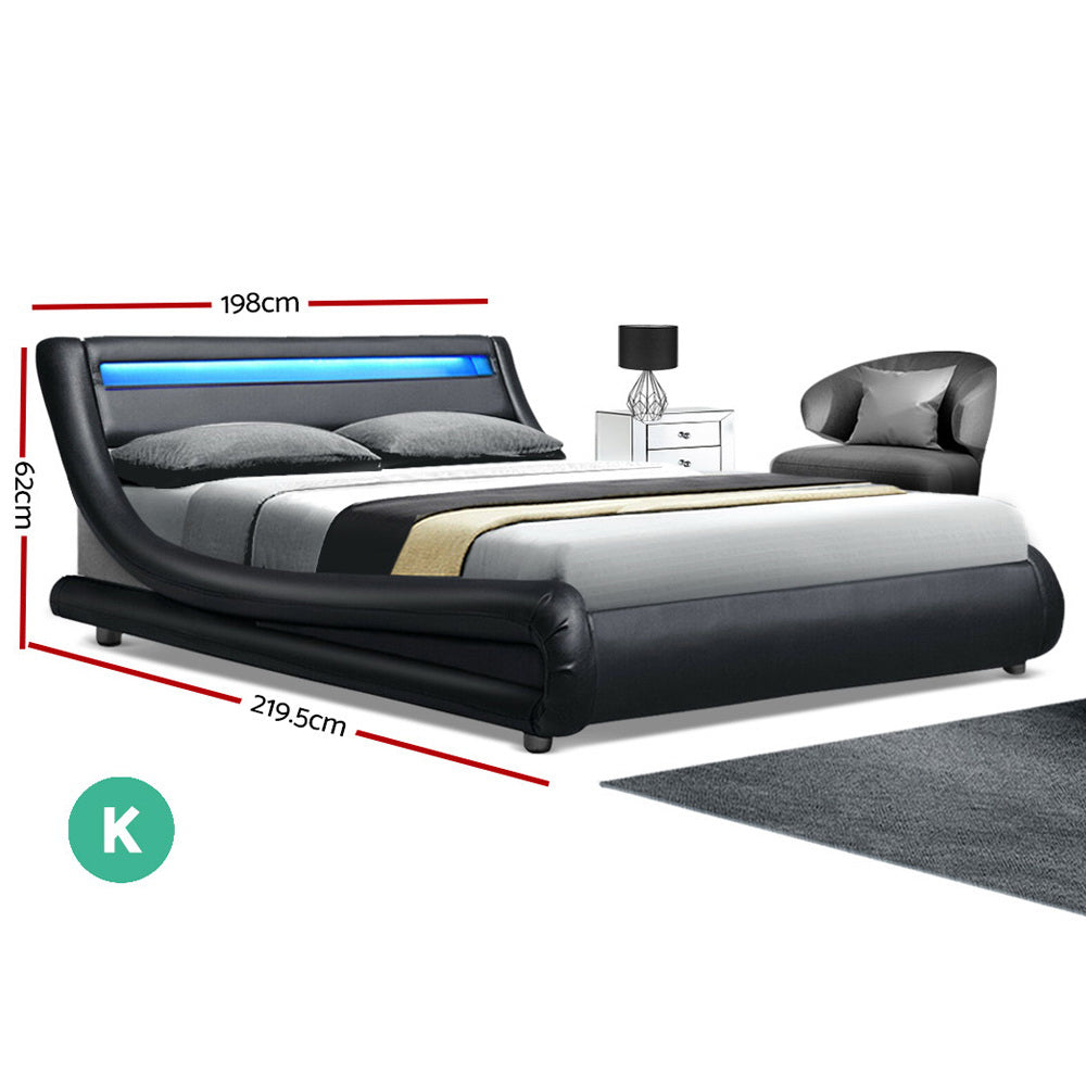 Artiss LED Bed Frame King Size Mattress Base Platform Black Leather Wooden ALEX