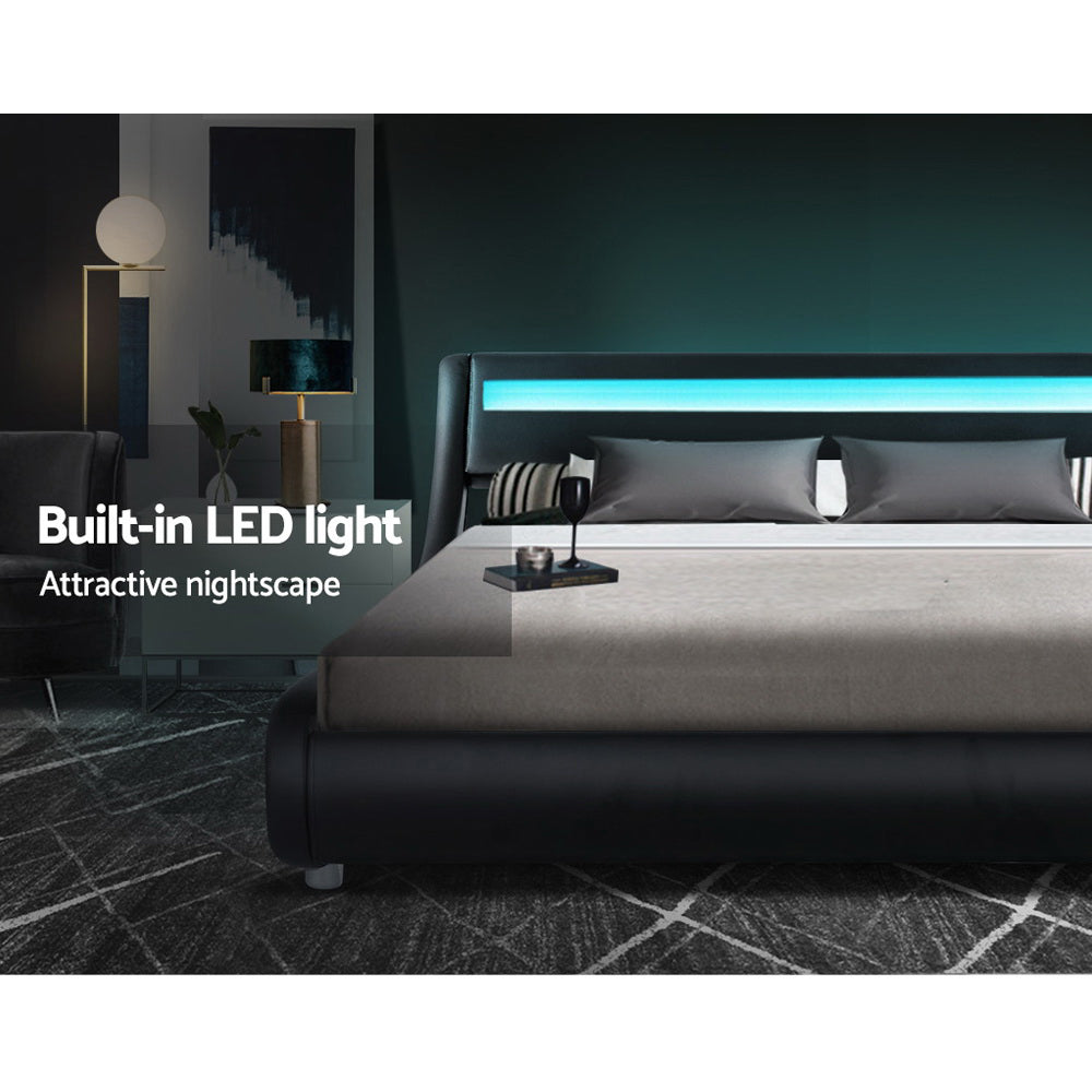 Artiss LED Bed Frame King Size Mattress Base Platform Black Leather Wooden ALEX