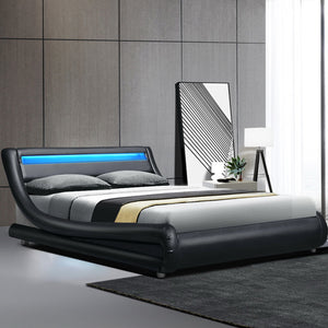 Artiss LED Bed Frame King Size Mattress Base Platform Black Leather Wooden ALEX