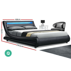 Artiss LED Bed Frame Queen Size Base Mattress Platform Black Leather Wooden ALEX