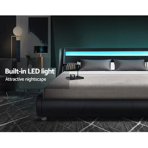 Artiss LED Bed Frame Queen Size Base Mattress Platform Black Leather Wooden ALEX