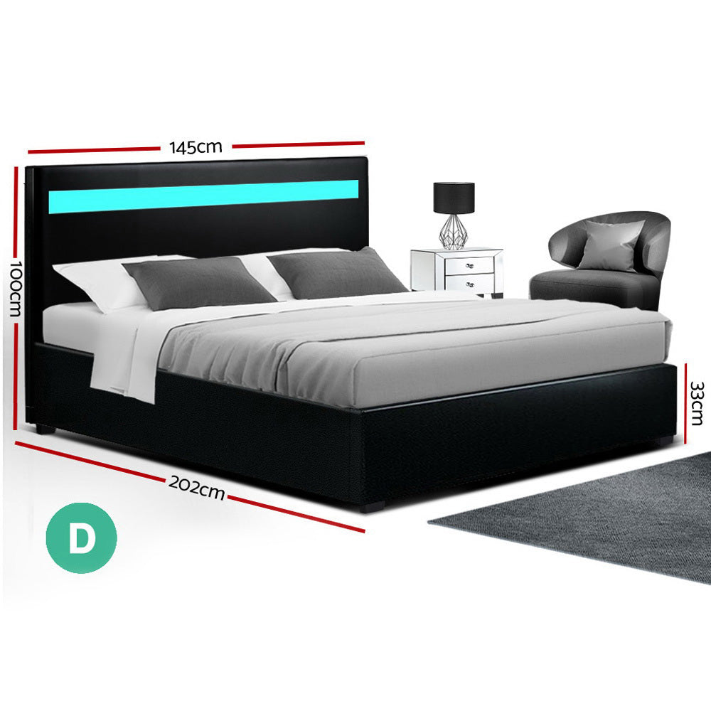 Artiss LED Bed Frame Double Full Size Gas Lift Base With Storage Black Leather