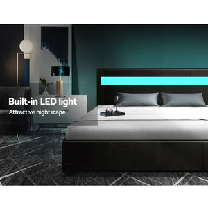 Artiss LED Bed Frame Double Full Size Gas Lift Base With Storage Black Leather