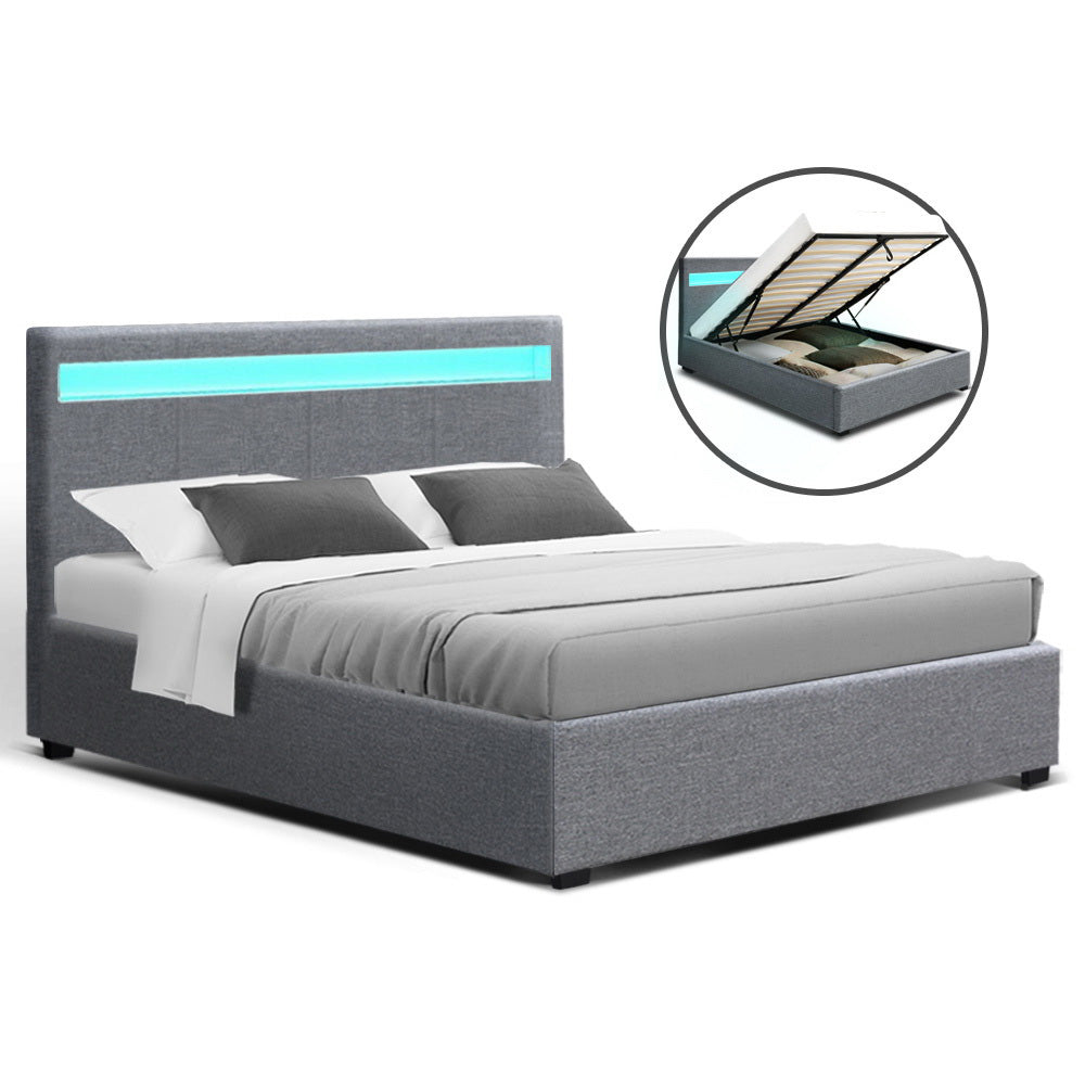 Artiss Bed Frame Double Full Size Gas Lift Base With Storage Grey Fabric COLE