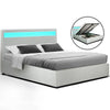 Artiss LED Bed Frame Double Full Size Gas Lift Base With Storage White Leather