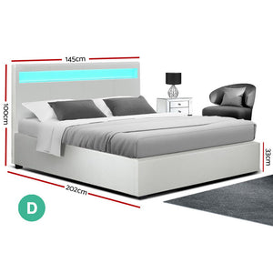 Artiss LED Bed Frame Double Full Size Gas Lift Base With Storage White Leather