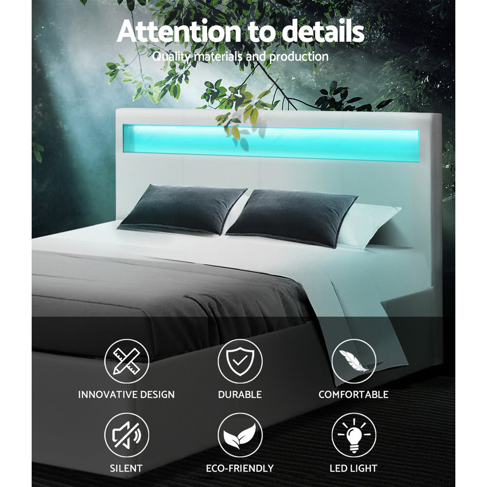 Artiss LED Bed Frame Double Full Size Gas Lift Base With Storage White Leather