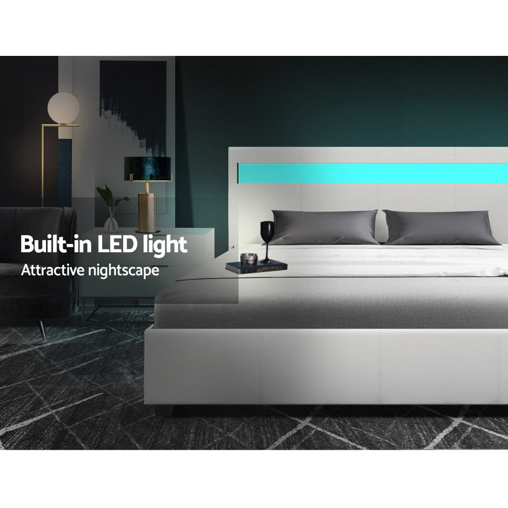 Artiss LED Bed Frame Double Full Size Gas Lift Base With Storage White Leather