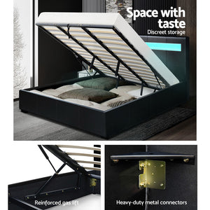 Artiss LED Bed Frame King Size Gas Lift Base With Storage Black Leather