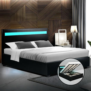 Artiss LED Bed Frame King Size Gas Lift Base With Storage Black Leather