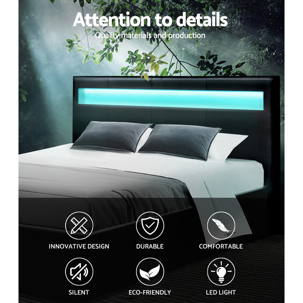 Artiss LED Bed Frame Queen Size Gas Lift Base With Storage Black Leather