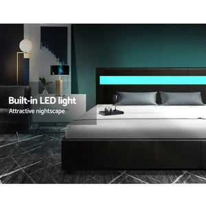 Artiss LED Bed Frame Queen Size Gas Lift Base With Storage Black Leather