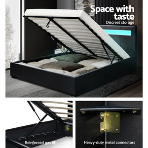 Artiss LED Bed Frame Queen Size Gas Lift Base With Storage Black Leather