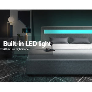 Artiss LED Bed Frame Queen Size Gas Lift Base With Storage Grey Fabric COLE