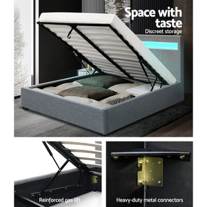 Artiss LED Bed Frame Queen Size Gas Lift Base With Storage Grey Fabric COLE