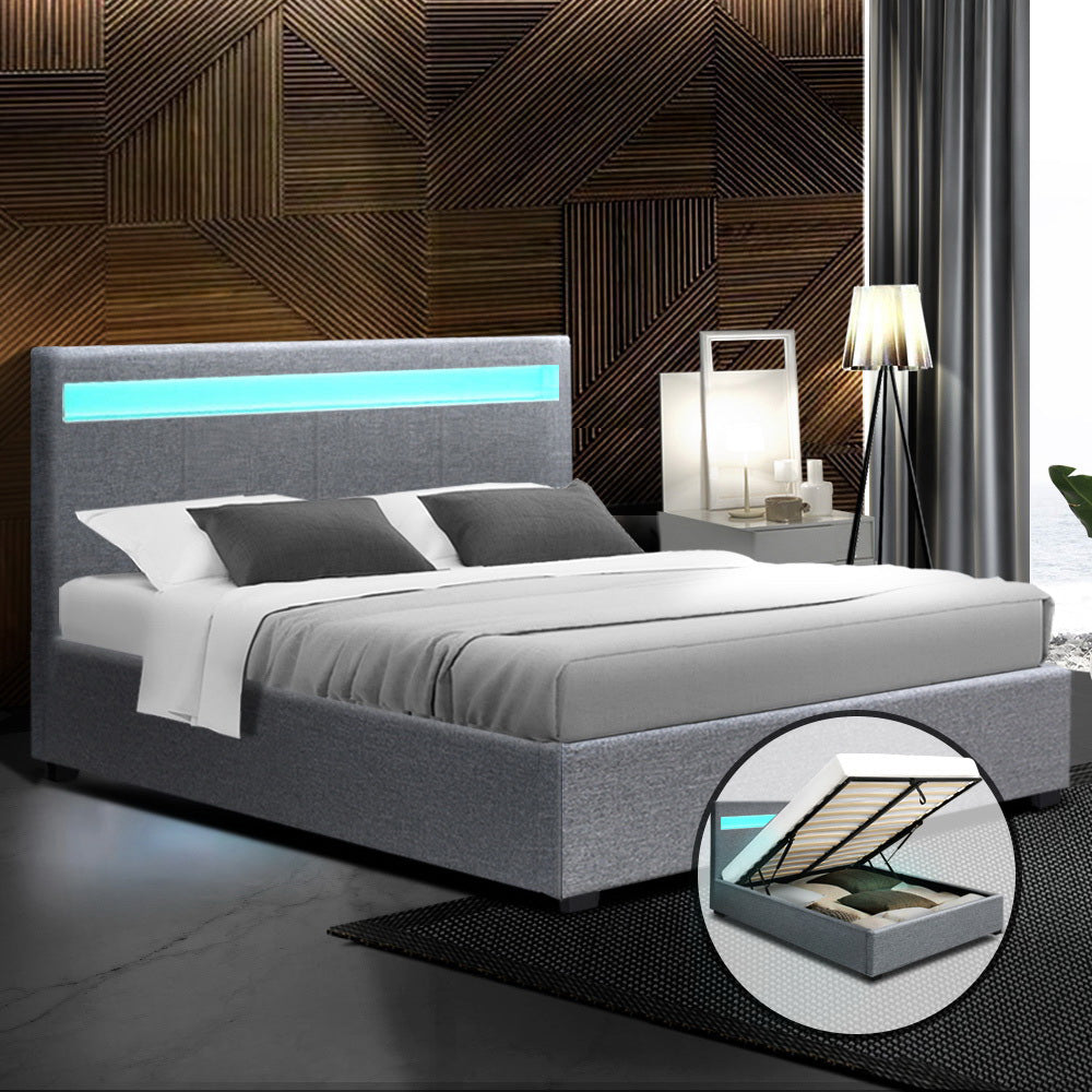 Artiss LED Bed Frame Queen Size Gas Lift Base With Storage Grey Fabric COLE