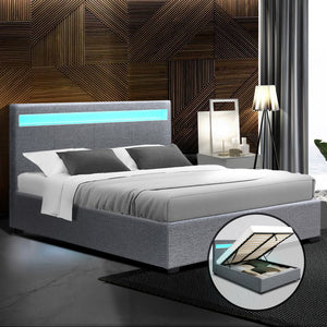 Artiss LED Bed Frame Queen Size Gas Lift Base With Storage Grey Fabric COLE