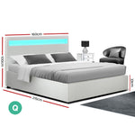 Artiss LED Bed Frame Queen Size Gas Lift Base With Storage White Leather