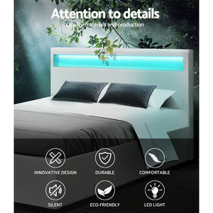 Artiss LED Bed Frame Queen Size Gas Lift Base With Storage White Leather