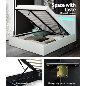 Artiss LED Bed Frame Queen Size Gas Lift Base With Storage White Leather