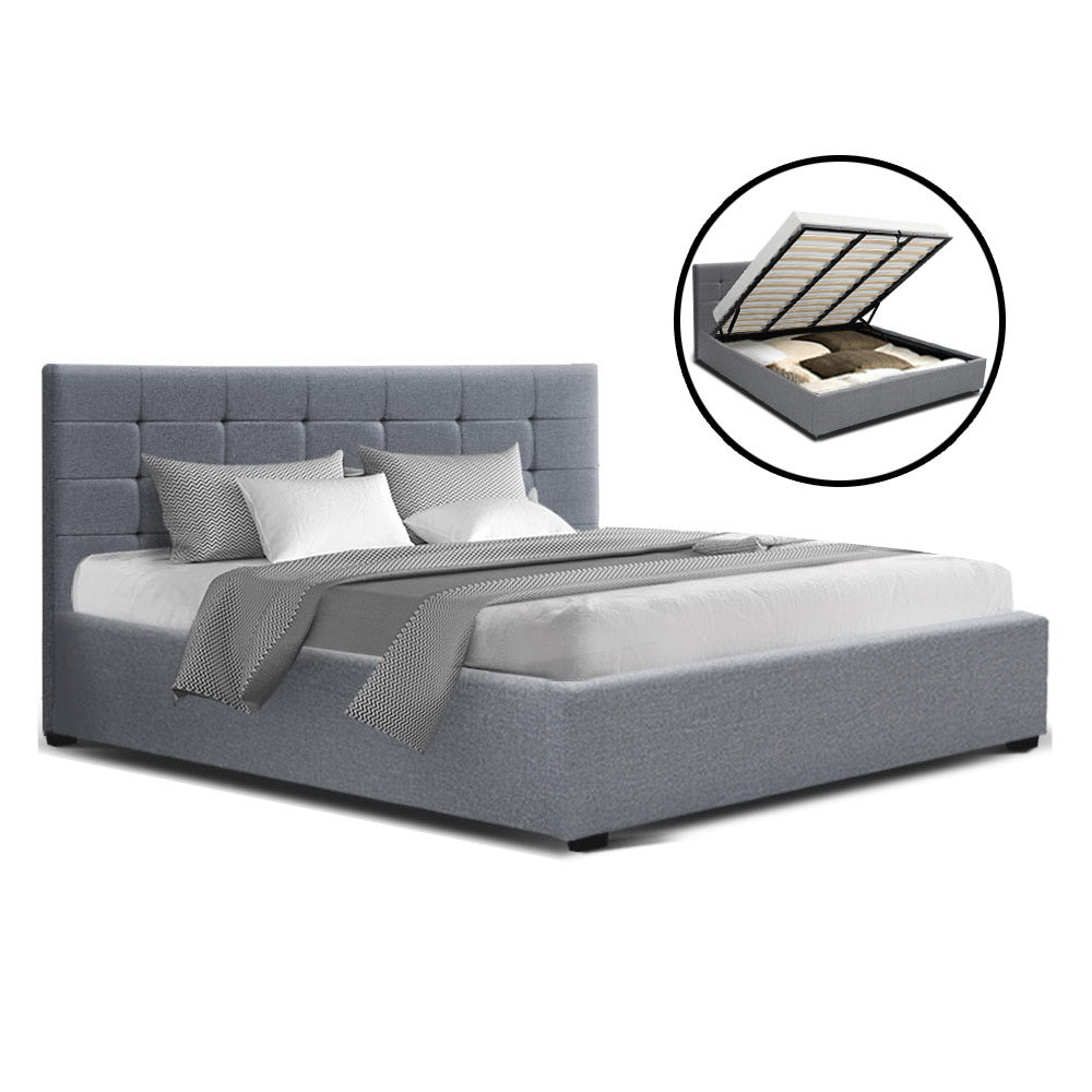 Artiss LISA King Size Gas Lift Bed Frame Base With Storage Mattress Grey Fabric