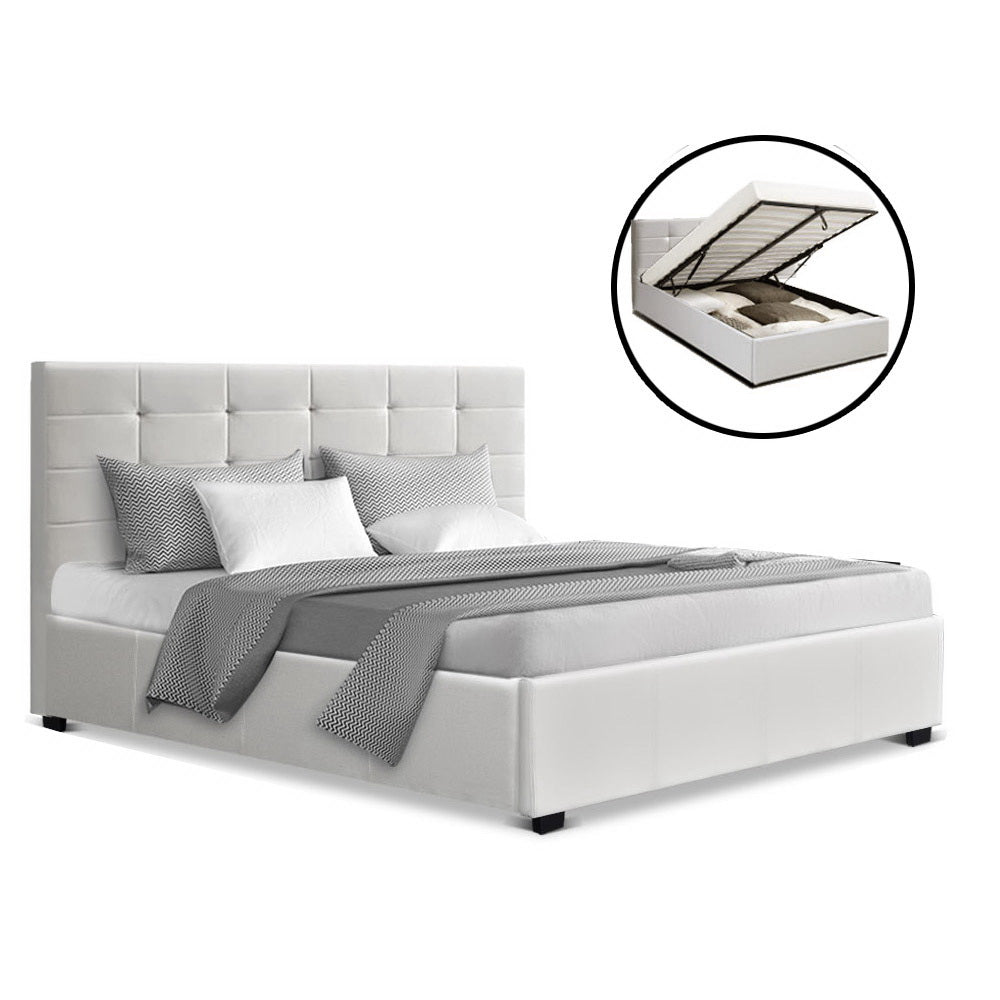 Artiss LISA Queen Size Gas Lift Bed Frame Base With Storage Mattress White Leather