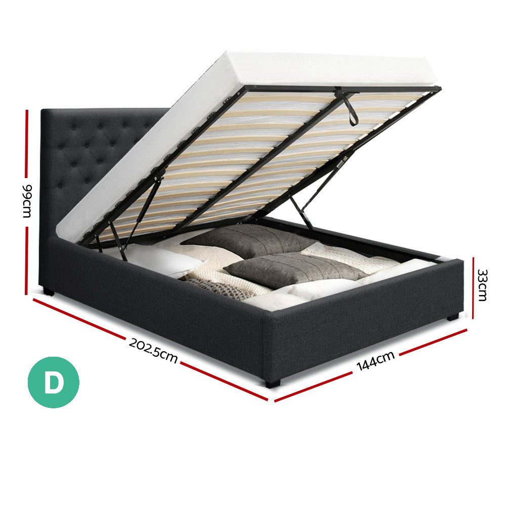 Artiss Double Full Size Gas Lift Bed Frame Charcoal Fabric Base With Storage Mattress