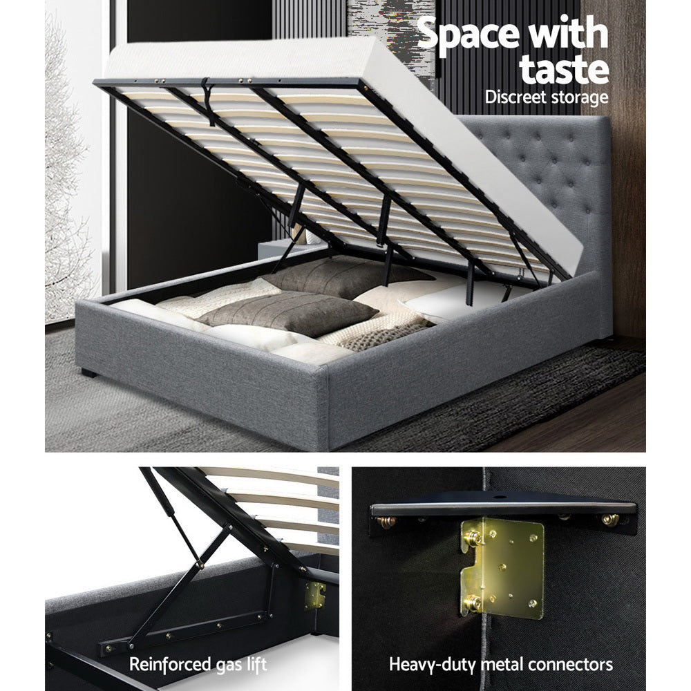 Artiss King Size Gas Lift Bed Frame Base With Storage Mattress Grey Fabric VILA