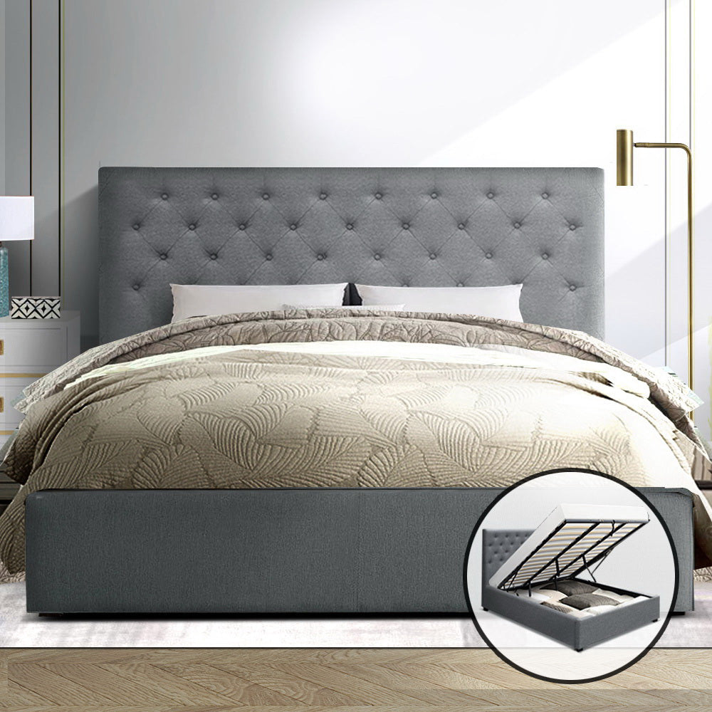Artiss King Size Gas Lift Bed Frame Base With Storage Mattress Grey Fabric VILA