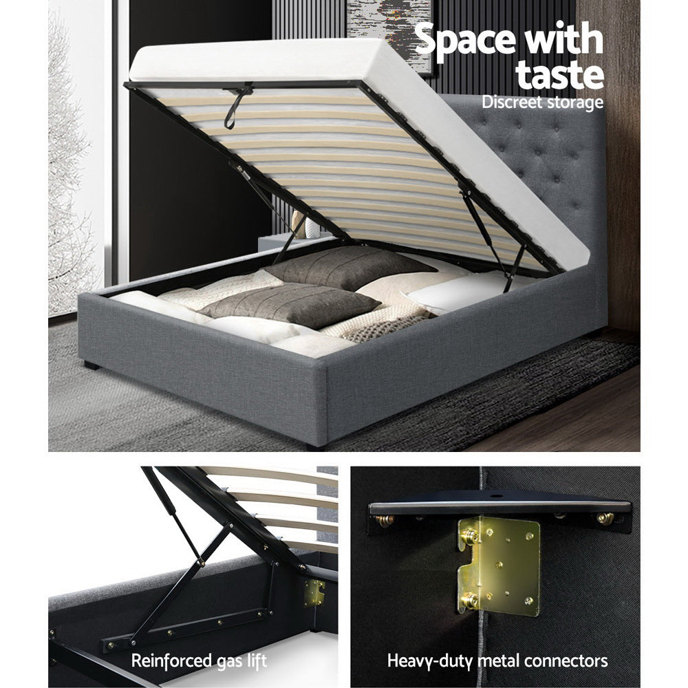Artiss VILA King Single Size Gas Lift Bed Frame Base With Storage Mattress Grey Fabric