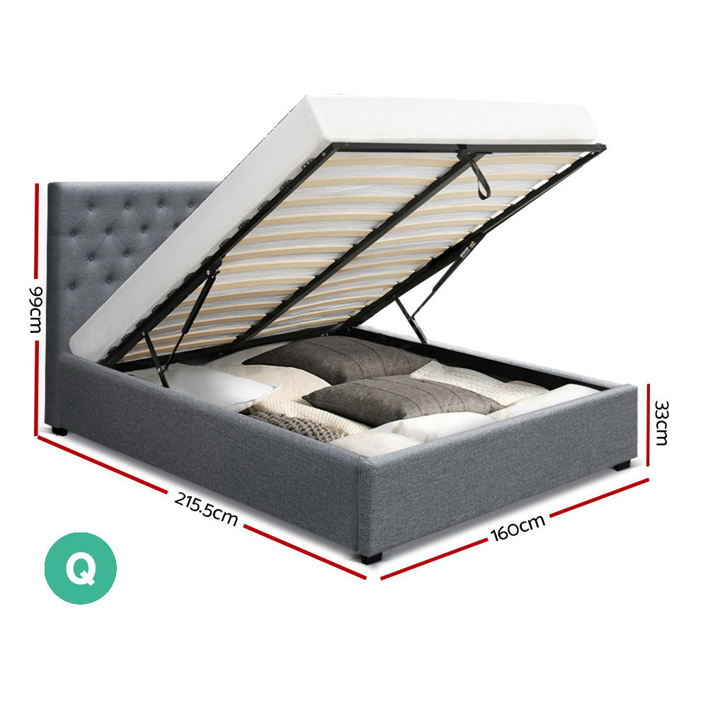 Artiss Queen Size Gas Lift Bed Frame Base With Storage Mattress Grey Fabric VILA