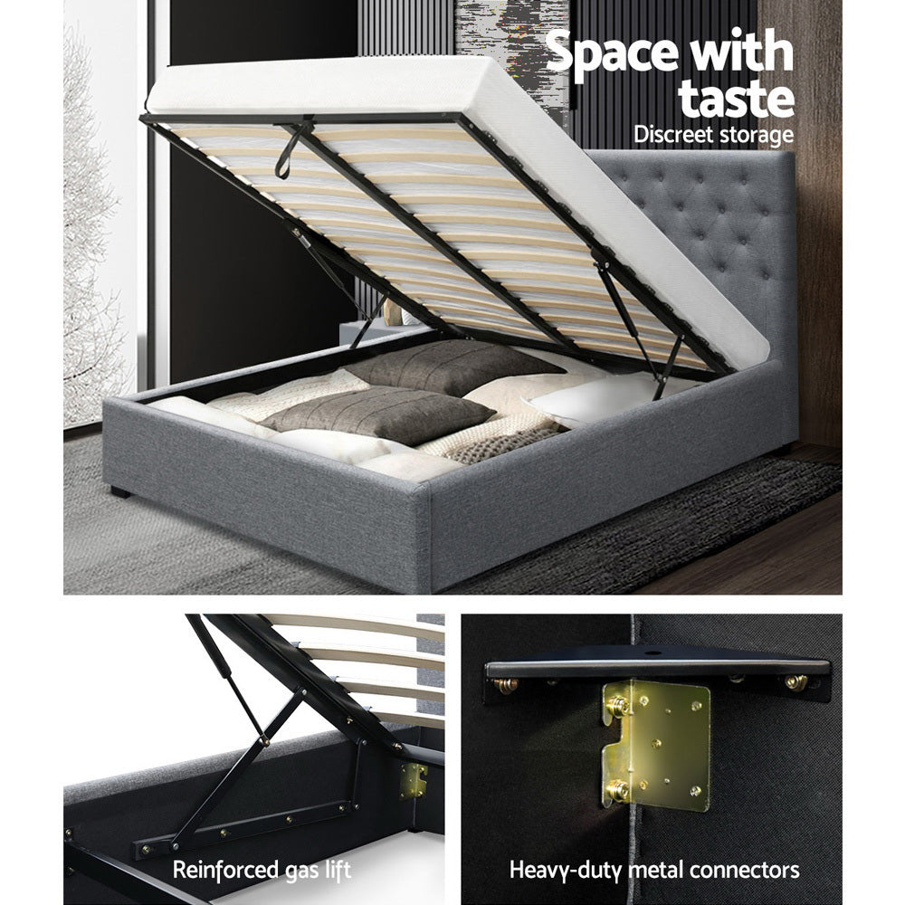 Artiss Queen Size Gas Lift Bed Frame Base With Storage Mattress Grey Fabric VILA