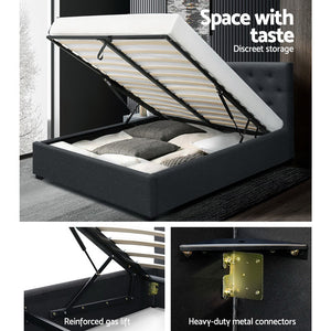 Artiss WARE Double Full Size Gas Lift Bed Frame Base With Storage Mattress Charcoal Fabric
