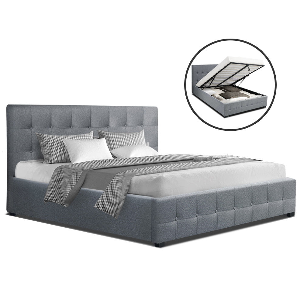 Artiss ROCA Double Full Size Gas Lift Bed Frame Base With Storage Mattress Grey Fabric