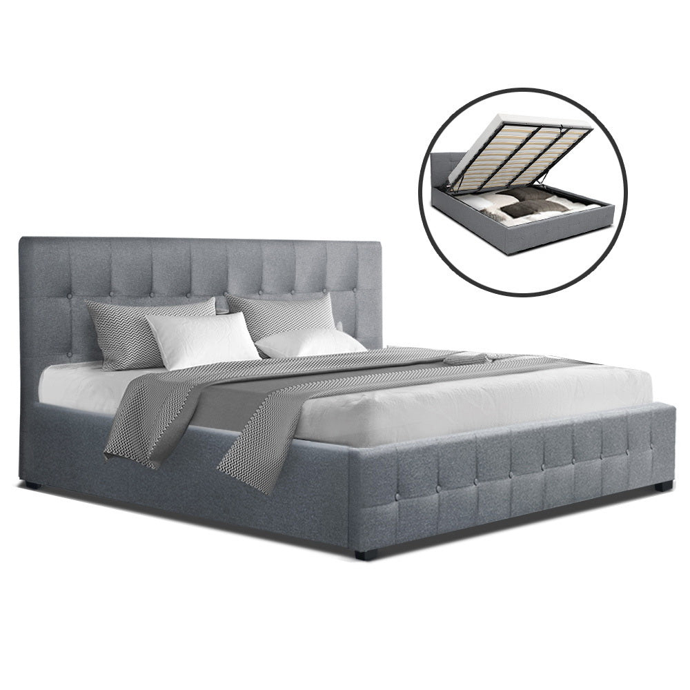 Artiss ROCA King Size Gas Lift Bed Frame Base With Storage Mattress Grey Fabric
