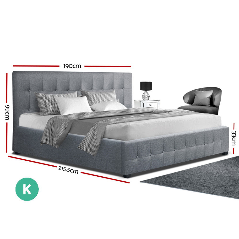 Artiss ROCA King Size Gas Lift Bed Frame Base With Storage Mattress Grey Fabric
